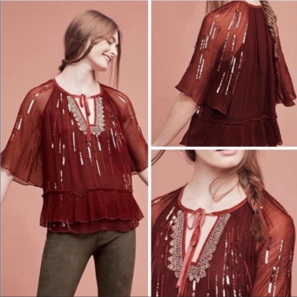 Anthropologie Floreat Burgundy Beaded Peasant Top